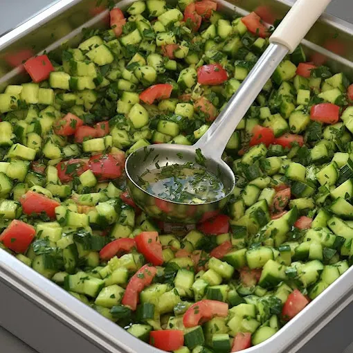 Fresh chopped cucumber and tomato salad with herbs