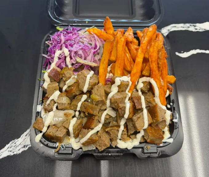 Gyro platter with seasoned gyro meat, seasoned fries, red cabbage slaw and white sauce